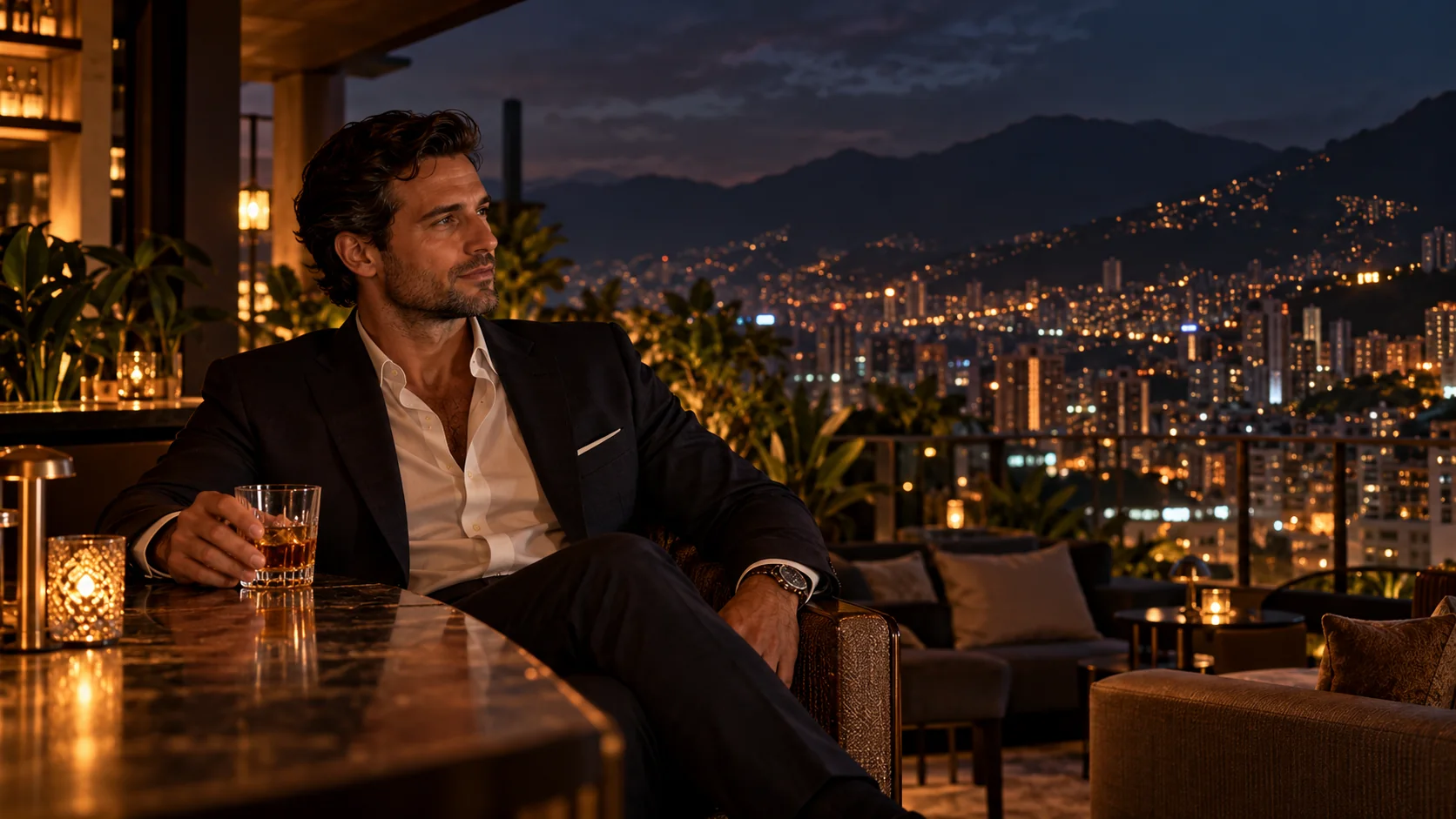 An intimate rooftop overlooking Medellín after dark